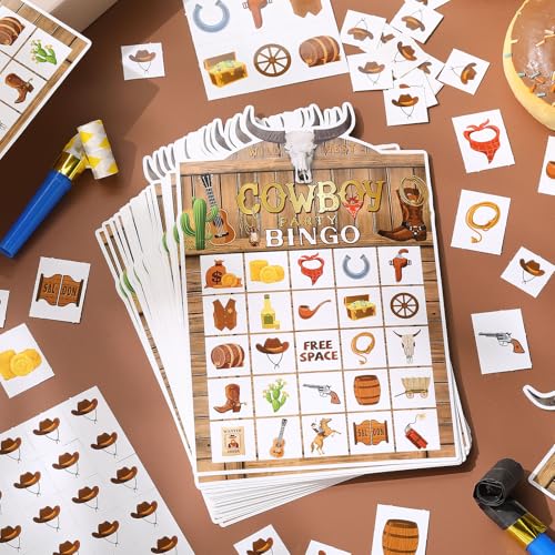 Blosssound Cowboy Bingo Game Set Bingo Cards for 24 Players Wild West Party Game for Family Activities Rodeo Holiday Cards for Western Party Favor - style: Cowboy