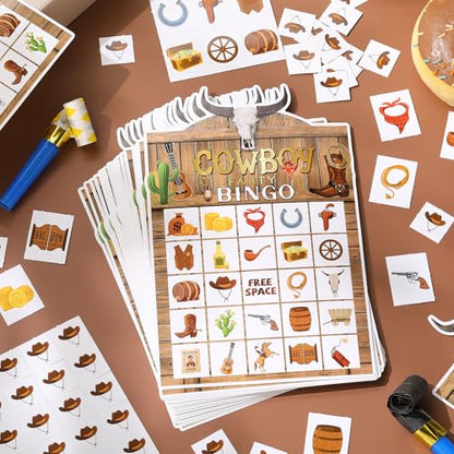 Blosssound Cowboy Bingo Game Set Bingo Cards for 24 Players Wild West Party Game for Family Activities Rodeo Holiday Cards for Western Party Favor - style: Cowboy