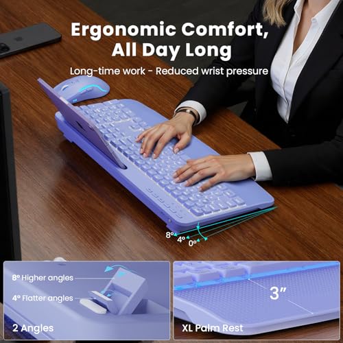 Purple Keyboard and Mouse Wireless Combo, 4000mAh Rechargeable Backlit Quiet Keyboards mice Set, USB Ergonomic Key Board with Wrist Rest & Phone Holder for PC, Mac, Windows, Natural Soft Typing - color: Purple