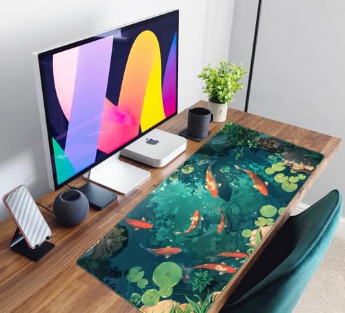 Koi Fish Desk Mat Gaming Koi Pond Desk Pad Large Cute Mouse Pad, Goldfish Mouse Mat XXL Laptop Keyboard Pad, Blue Waters Gamer Mouse Pad Full Mousepads Cool Office Accessories 31.5"x15.7" - color: DL-Lnk Wash Lotus Pond