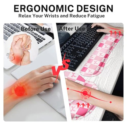 Ergonomic Mouse Pad Set with Wrist Rest, Pink Bow | Checkered Kawaii Non-Slip Rubber Base Wrist Cushion Support and Coasters Mousepad with Wrist Support for Computer Keyboard - color: Pink Retro