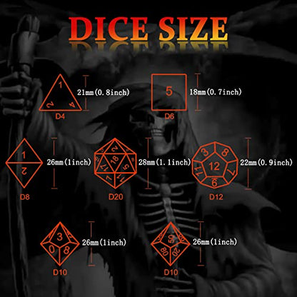 Hollow Grim Reaper Metal DND Dice Set,7-Piece Polyhedral RPG Dice, 3D Hollow Skeleton Design (Blood Red Numbers) - color: Grim Reaper Blood
