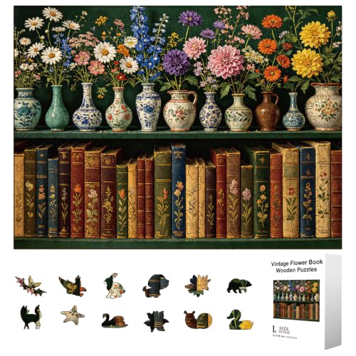 300pcs Wooden Puzzles for Adults Retro Bookshelf Vase | Wood Jigsaw Puzzles with Unique Animal Shaped Pieces Challenging Puzzle for Family Game Birthday Gift Home Decor - color: Bookshelf Vase
