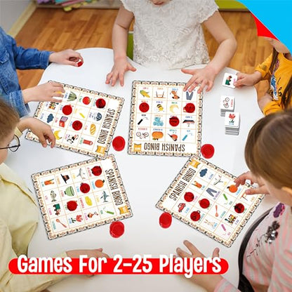 SpriteGru Spanish Bingo Game, 25 Bingo Board Spanish & English Vocabulary Word Game Bilingual Educational Toys for Language Learning - Ages 5 and up (Up to 25 Players) - style: 25 Pcs Spanish Bingo Game
