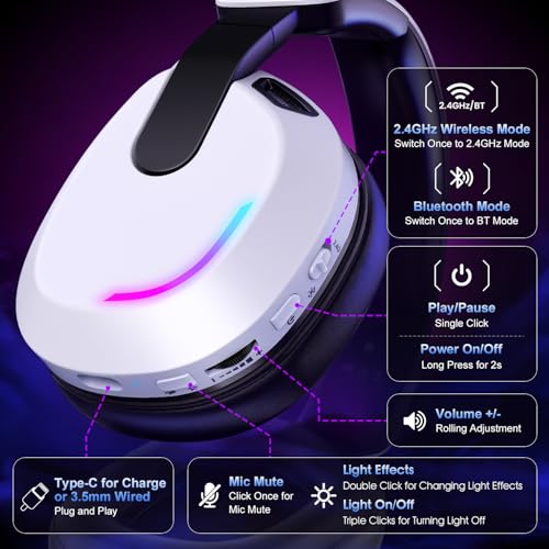 BENGOO 60H Wireless Gaming Headset with RGB Lights for PS5 PS4 PC | 7.1 Surround Sound, Noise Cancelling Mic, Bluetooth 5.4, Memory Foam Ear Cushions, Compatible with Switch Mac - color: White