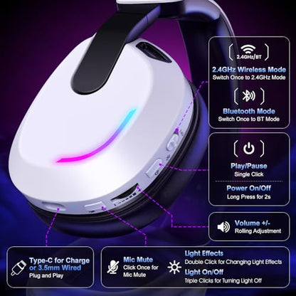 BENGOO 60H Wireless Gaming Headset with RGB Lights for PS5 PS4 PC | 7.1 Surround Sound, Noise Cancelling Mic, Bluetooth 5.4, Memory Foam Ear Cushions, Compatible with Switch Mac - color: White