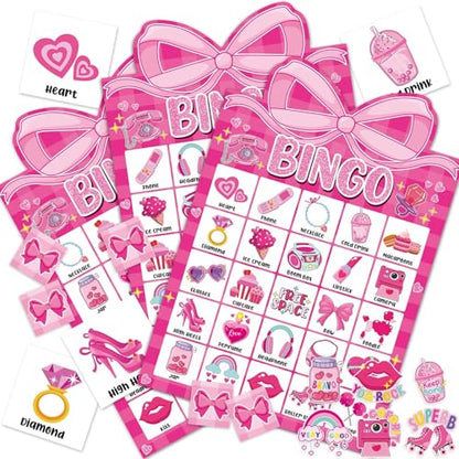 39 Pcs Pink Bow Party Bingo Game for Adults Kids 24 Players Pink Girls Party Bingo Game Cards with Reward Stickers for Family Friends Large Group Gathering Bachelorette Princess Doll Party Favors - style: Pink Girls