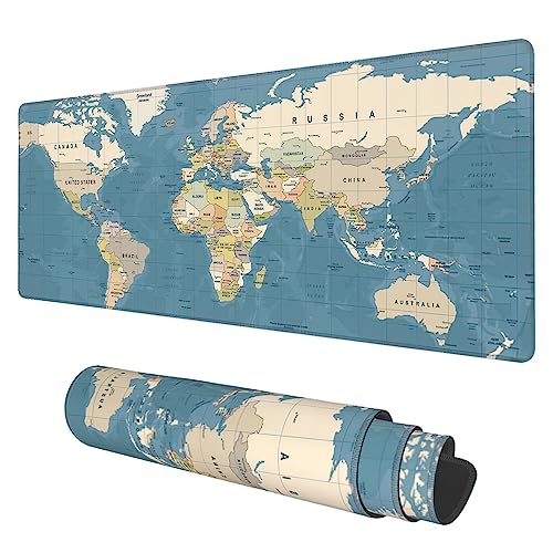 Desk Mat, Blue Vintage World Map Extended Gaming Mouse Pad Large, 31.5"x11.8" Big Mouse Pad with Non-Slip Base and Stitched Edge, Long Computer Keyboard Mouse Mat for Home Office Work - color: Blue Vintage World Map, size: 11.8" x 31.5"