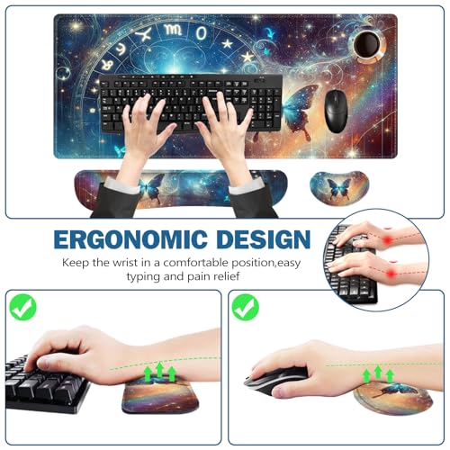 ToLuLu Large Mouse Pad Desk Pad Set, Wrist Rest Support Desk Mat for Keyboard and Mouse, 4PCS 35.4”x15.7 XXL Giant Mouse Pad, Non-Slip Base Stitched Edges Mousepad Home Office, Glittering Butterfly - color: Glittering Butterfly