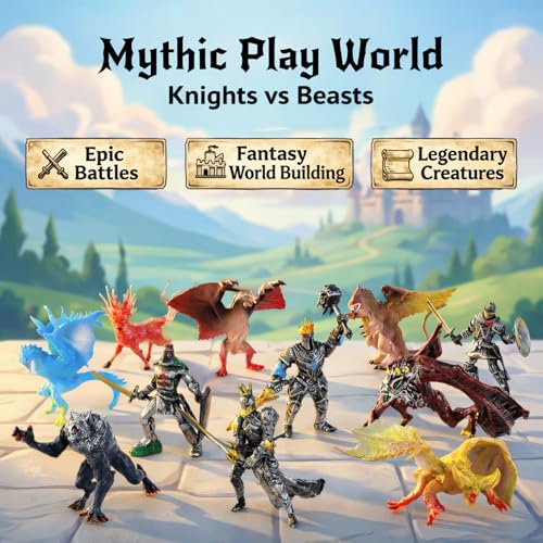 Liberty Imports Medieval Knights & Fantasy Dragons Figurines Set, 12 Pack | Mythical Creatures with Knights, Dragons, Wyvern, Griffin, and More, Mini Toy Figures, For Kids