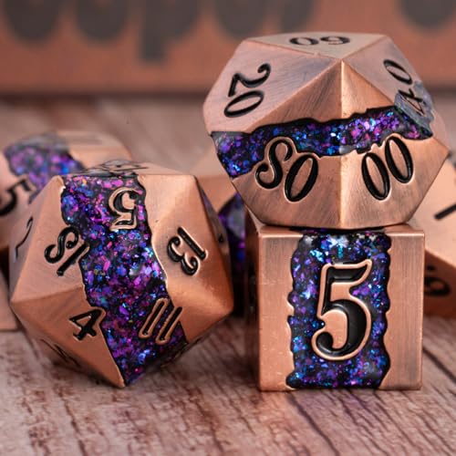 Premium Metal Dice Set for DND, 7PCS Polyhedral RPG Dice with Galaxy Glitter Inlay, Unique Metal Dice for Dungeons and Dragons Players - color: Ancient Red Copper Purple