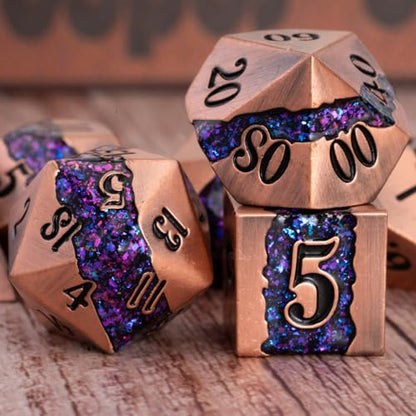 Premium Metal Dice Set for DND, 7PCS Polyhedral RPG Dice with Galaxy Glitter Inlay, Unique Metal Dice for Dungeons and Dragons Players - color: Ancient Red Copper Purple