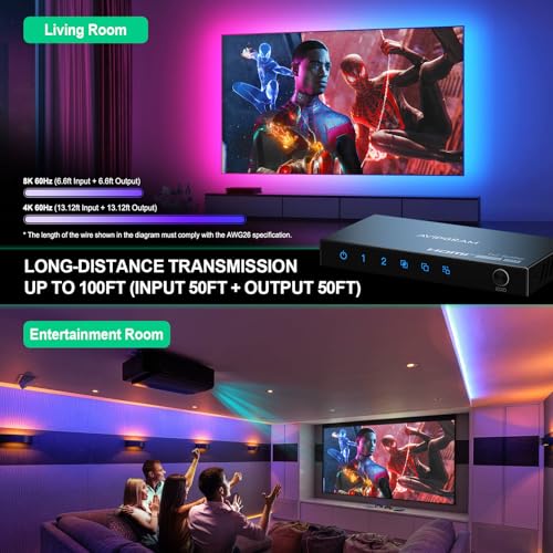 HDMI Splitter 1 in 2 Out 8K 60Hz 4:4:4, AVIDGRAM 2 Port Splitter with Auto, Copy, Downscaler EDID Mode, 4K 120Hz HDMI Duplicator, Compatible with Xbox Series X, PS4 Pro, PS5, Blu-ray Player - size: 8K 60Hz HDMI Splitter 1 in 2 Out
