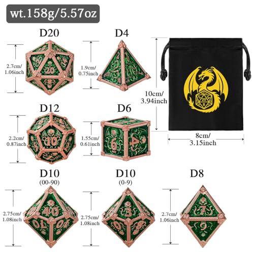 Metal Dice Set, Octopus Pattern, 7pcs Polyhedral Metal DND Dice Set, DND Starter Set, D&D Gifts with Gift Bag, Role Playing Board Games Accessories, Red Copper Border Green - color: Green With Gift Bag