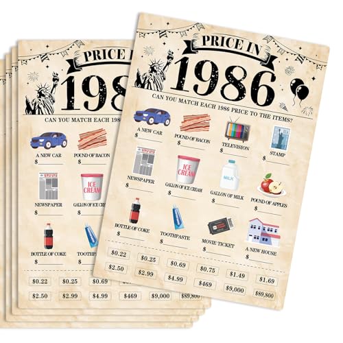 30Pcs 40th Birthday Party Games Price in 1986 Game Fun Back in 1986 Games Double-Sided Game Cards Vintage 40th Birthday Party Supplies for 40 Year Old Woman Man Anniversary Class Reunion Gifts - size: 40-1986, style: Price Game