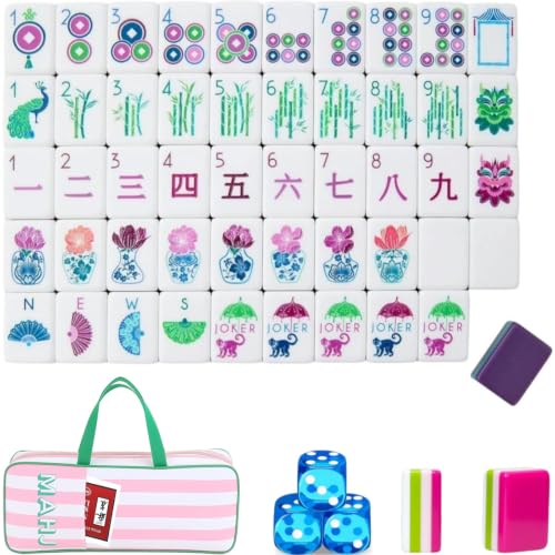 4 Layer Mahjong Tiles, 2026 Premium 160 Pcs Acrylic American Mahjong Tiles Set with Dice, Engraved Four Layer Mahjong Tile with Exquisite Carrying Bag, Home Trips Social Game (Purple Fan) - color: Purple Fan