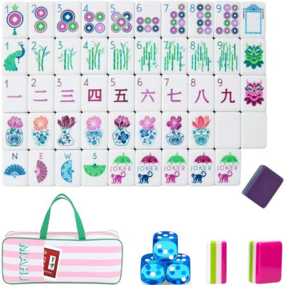4 Layer Mahjong Tiles, 2026 Premium 160 Pcs Acrylic American Mahjong Tiles Set with Dice, Engraved Four Layer Mahjong Tile with Exquisite Carrying Bag, Home Trips Social Game (Purple Fan) - color: Purple Fan