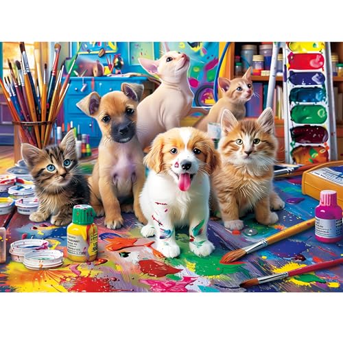 300 Pieces Puzzles for Adults,Large Pieces Cats Dogs Puzzle for Kids | Funny Puppy Kitten Jigsaw Puzzles for Kids Ages 8-10 10-12,Colorful Pet Painting Puzzles for Teens Seniors Family Game Nights - style: Drawing Dogs