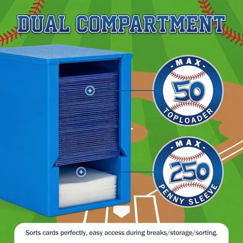 Toploader Dispenser & Penny Sleeve Holder - Dual Compartment Holds 250 Penny Sleeves & up to 50 Top Loaders, Stackable Card Storage Box with Dustproof Lid (Blue) - color: Blue