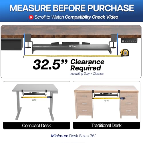 VIVO Large Keyboard Tray Under Desk Pull Out with Extra Sturdy C Clamp Mount System, 27 (33 Including Clamps) x 11 Inch Slide-Out Platform Computer Drawer for Typing, Black, MOUNT-KB05E | Keyboard Tray for Typing, Slide Out Platform, Extra Sturdy C-Clamp