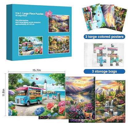 3 Pack 48 Large Piece Puzzle for Seniors Alzheimer’s Puzzles Dementia | Alzheimer's Products Activities for Elderly Adults Mountain Village Sea Easy Jigsaw Puzzle Cognitive Game with 3 Storage Bags - style: 3Pack 48 Large Pieces-1
