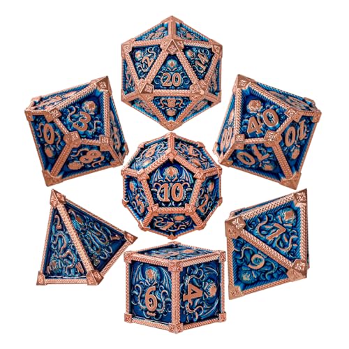 Metal Dice Set, Octopus Pattern, 7pcs Polyhedral Metal DND Dice Set, DND Starter Set, D&D Gifts with Gift Box, Role Playing Board Games Accessories, Red Copper Border Blue | DND Polyhedral Dice Set, D&D Gifts, Board Game Accessories, D4, D6, D8, 2 D10 (00