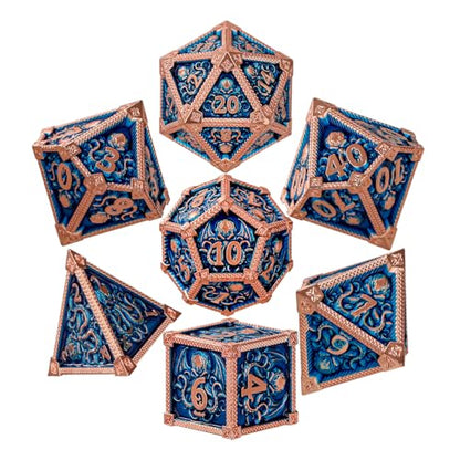 Metal Dice Set, Octopus Pattern, 7pcs Polyhedral Metal DND Dice Set, DND Starter Set, D&D Gifts with Gift Box, Role Playing Board Games Accessories, Red Copper Border Blue | DND Polyhedral Dice Set, D&D Gifts, Board Game Accessories, D4, D6, D8, 2 D10 (00