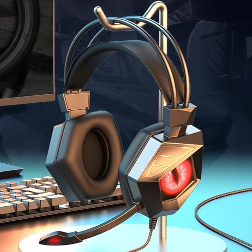 Wired Gaming Headset for PS4 PC One PS5 Controller, Noise Cancelling Over Ear Headphones with Mic, LED Light, 7.1 Surround Sound, Soft Memory Earmuffs, Red