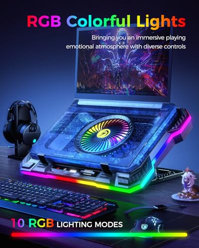 KeiBn Gaming Laptop Cooling Pad, Laptop Fan Cooling Pad with 5.5inch RGB External Fan, Rapid Cooling Laptop 15.6-19.3inch, 8 Height Stands, 2 USB Ports, Phone Holder-K1 5V RGB - color: Blue