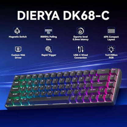 DIERYA DK68-C 60% Gaming HE Keyboard, Magnetic Switch Hot Swappable, Rapid Trigger, Adjustable Actuation, 8000Hz Polling Rate, RGB Backlit, Compact 68 Keys for Windows PC, Wired, Black
