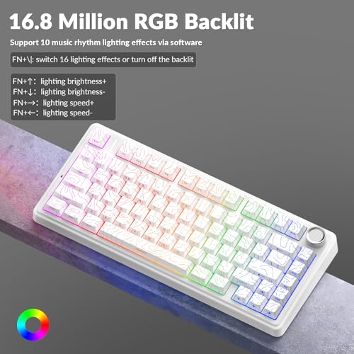 AULA F75 Pro Wireless Mechanical Keyboard with Knob,75% Hot Swappable Custom Gaming Keyboards,RGB Backlit,Pre-lubed Switches,Side Printed PBT Keycaps Creamy Sounding Computer Keyboard, Line White - color: F75 Pro-Line White