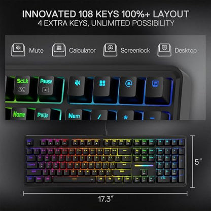 Redragon K745 Wired Gasket RGB Gaming Keyboard, 108 Keys Mechanical Keyboard w/Extra 4 Hotkeys, Upgraded Hot-swappable Socket, 5-Layer Noise Dampening, Creamy & Thocky Custom Linear Switch - color: Essential Black, size: 108 Keys