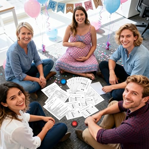 EYxsaxenk Baby Shower Friendly Feud Game with Answer Buzzer - 40Pcs Minimalist Gender Reveal Party Family Trivia Quiz Night Feud Card Buzzer for Board Game Night Baby Shower Boy or Girl Party Supplies - style: Baby Shower