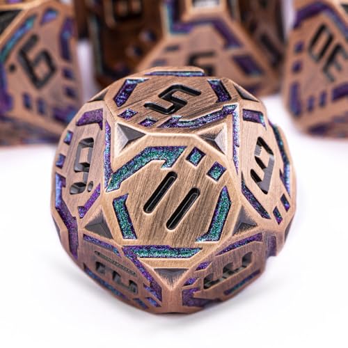 Metal DND Sci-fi Dice Set 7PCS Stripe Polyhedral Dice for Dungeons Dragons RPG Role Playing Game, Glitter D and D Dice with Gift Box D6 D8 D10 D12 D20 (Ancient Bronze&Green Purple) - color: Ancient Copper - Green Purple