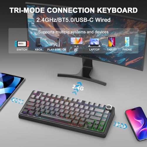 Aula F75 Wireless Mechanical Keyboard, 75% Gasket Mount Hot Swappable Gaming Keyboard with Knob, Creamy Sound Pre-lubed Linear Switches, Tri-Mode BT/2.4G/USB-C RGB PBT Keycaps for PC Mac - color: Gradient Black