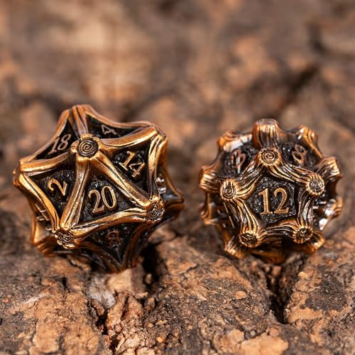 Metal Dice Set D&D 7PCS Metal DND Dice Set Golden for Tabletop Games | Leather Storage Bag, DM Gift, for Dungeons and Dragons Role Playing Games - color: Metal Tree-agolden