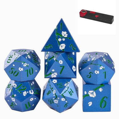 UDIXI DND Metal Dice Set, Flower Solid Metal RPG Dice Set Blue for D&D | White Flower, Metal Case Packaging, Heavy Metal Dice, D&D Gift, for Dungeons and Dragons Role Playing Games Tabletop Games - color: Blue-green