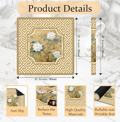 Yellow Chinoiserie Floral Bird Mahjong Mat 31.5 x 31.5 Inch, Traditional Chinese Print Peony Non-Slip Noise Reduction Mahjong Table Mat for American Mah Jong Poker Card Board Games Dominoes - color: Yellow Chinoiserie