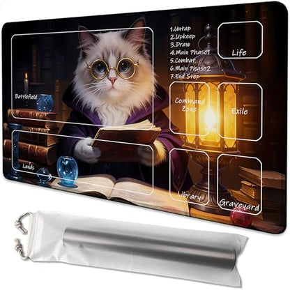 for MTG Playmat 24 x 14 Inches Cat Magic Play Mat Card Game Mat for Magic The Gathering TCG PTCG Playmat with Free Storage Bags Non-Slip Backing and Stitched Edge - color: Cat With Zones