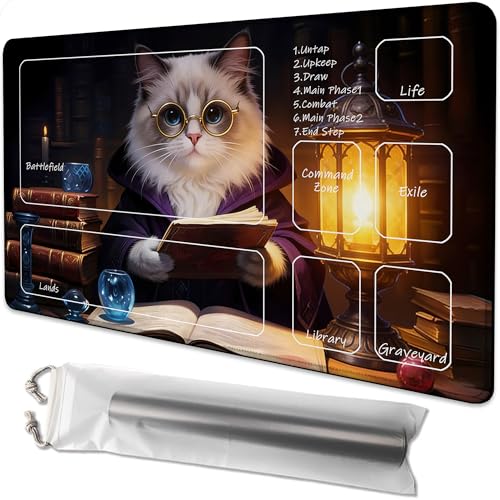 for MTG Playmat 24 x 14 Inches Cat Magic Play Mat Card Game Mat for Magic The Gathering TCG PTCG Playmat with Free Storage Bags Non-Slip Backing and Stitched Edge - color: Cat With Zones