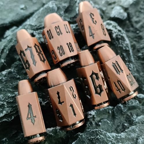 2025 Metal Polyhedral Bullet for DND Dice Set, 7Pcs Metallic D&D Dice with Gift Case for Dungeons and Dragon Game, RPG Role Playing Table Game Gifts (Bronze) - color: Bronze