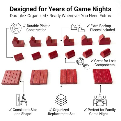 Replacement Pieces for Settlers of Catan – Roads, Settlements & Cities Set, Durable Game Tokens, Compatible with Catan Board Game Accessories, Game Pieces Plus Bonus Pieces (Red) - color: Red
