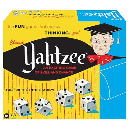 Winning Moves Classic Yahtzee, with Retro Art and Dice Cup | Exciting Game of Skill and Chance, Original Components, 2 or More Players, Ages 8+