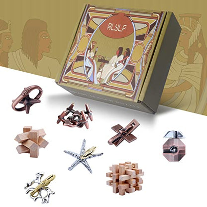8 Pieces Wooden and Metal Brain Teaser Puzzles 3D Education Toys for Adults and Kids IQ Logic Training Family Game Party Favor Coffee Table Time Unlock Interlock Mind Puzzles Box - style: Style K