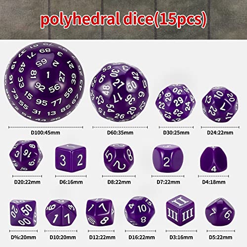 CiaraQ DND Polyhedral Dice Set (15pcs) D4-D100 Game Dice with Dice Bag | Acrylic Role Playing Dice for Dungeons and Dragons MTG Table Games (Purple & White) - color: Purple & White