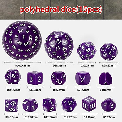 CiaraQ DND Polyhedral Dice Set (15pcs) D4-D100 Game Dice with Dice Bag | Acrylic Role Playing Dice for Dungeons and Dragons MTG Table Games (Purple & White) - color: Purple & White