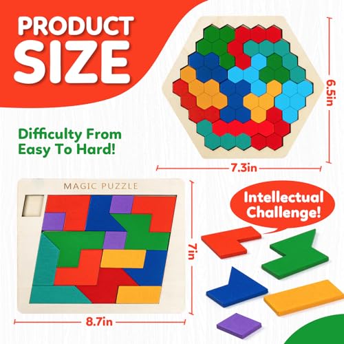 Wooden Brain Teaser Puzzles,Montessori Tangrams Pattern Blocks Logic Board Geometric Shapes Jigsaw Puzzle Games for Kids Ages 3-5,4-6(3Pack) - style: Puzzle set-3pcs