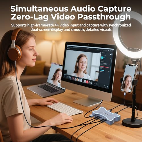 Guermok 4K HDMI Capture Card with Touch LED, Dual HDMI in/Loop-Out, USB 3.0, 4K@60Hz/ 2K@120Hz Video Capture, Mic/Line in, 4K60 Passthrough, Efficient Cooling, Streaming and Gaming for Switch2/1