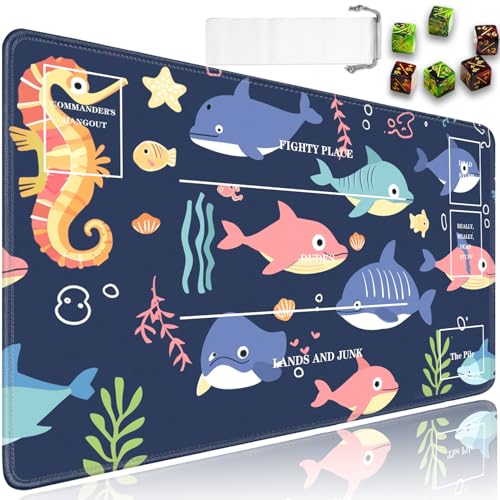 JVGFYNKL for MTG Playmat, 24 x 14 in for TCG Playmat with Zones,Trading Card Game Playmats with Storage Bag and 6 Dice, for MTG Table Mat Card Accessories, Cartoon Colorful Cute Fish - color: JV-Playmat-5K-4-F156
