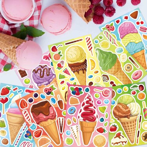 Ice Cream Stickers, Make Your Own Sticker, Make a Face Stickers | 24 Sheets Summer Sticker for Kids Toddlers, Ice Cream Party Favor Supplies Craft - style: Ice Cream